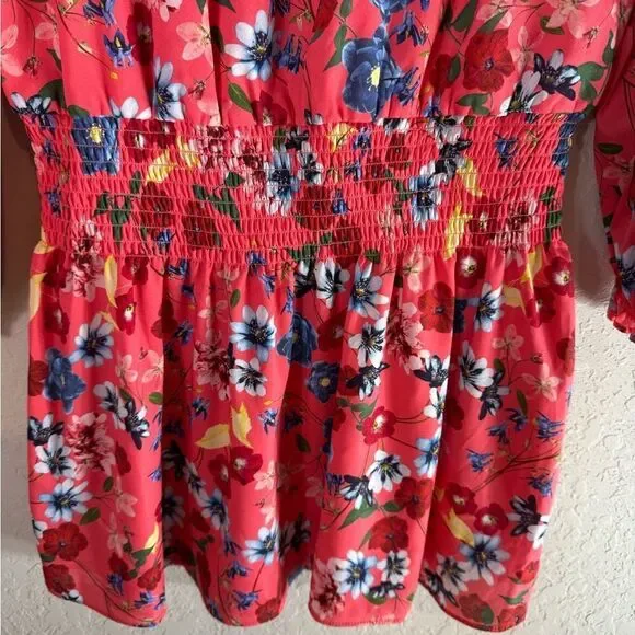 Parker Smocked Drop Waist Mini Dress Floral Deep Coral Size S - Picture 7 of 11